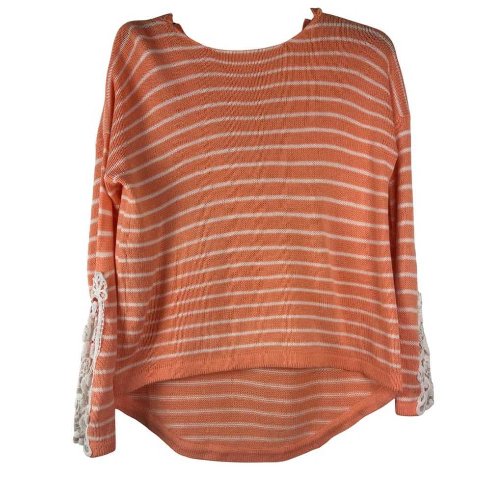 Women's Orange‎ White Striped Crochet Sleeve Hoodie Sweater Size Medium
